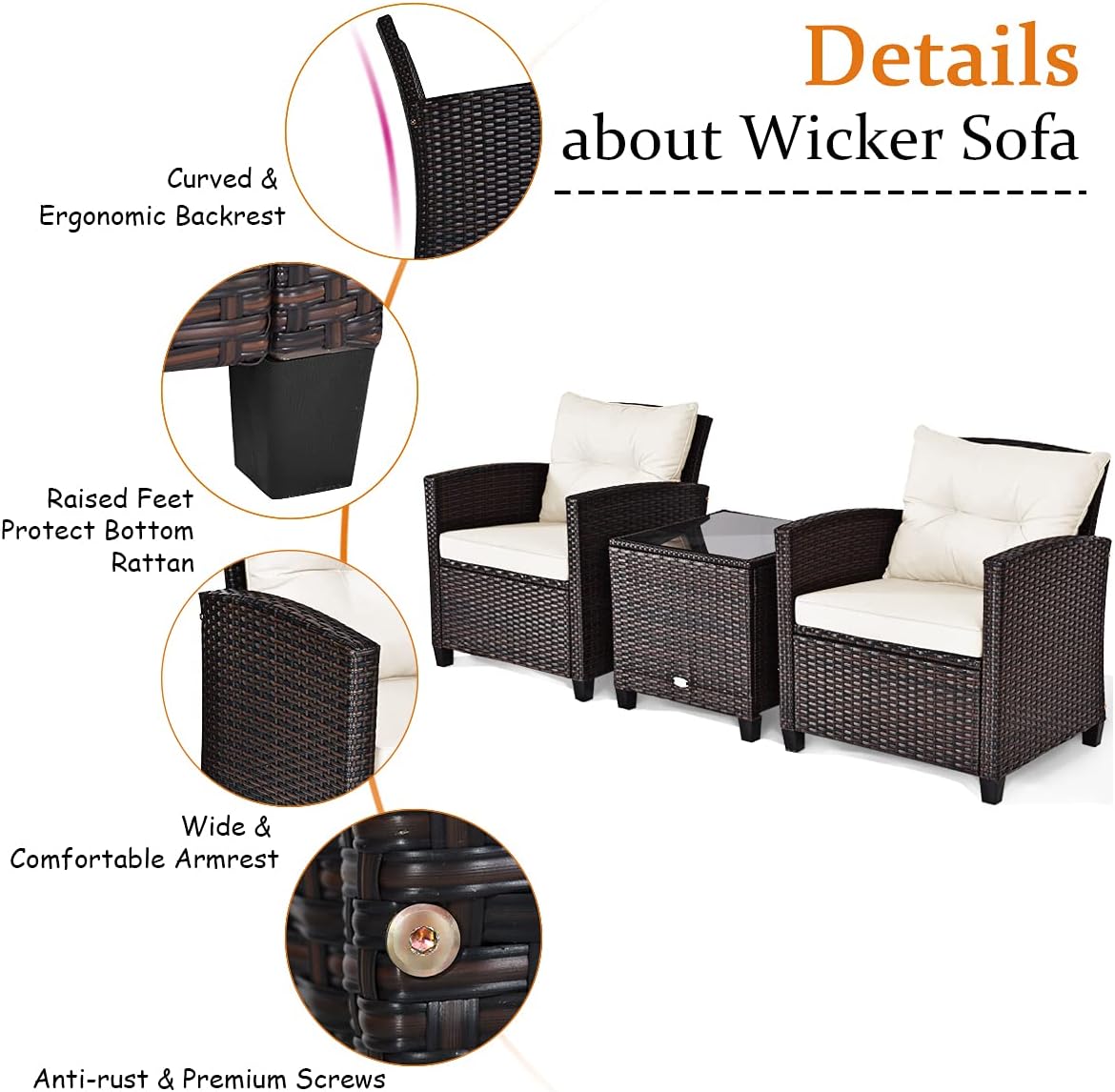 HAPPYGRILL 3 Pieces Patio Conversation Set, Outdoor Furniture Set PE Rattan Sofa Set with Removable Cushions, PE Wicker Chairs with Tempered Glass Side Table for Porch Lawn Garden Balcony Backyard