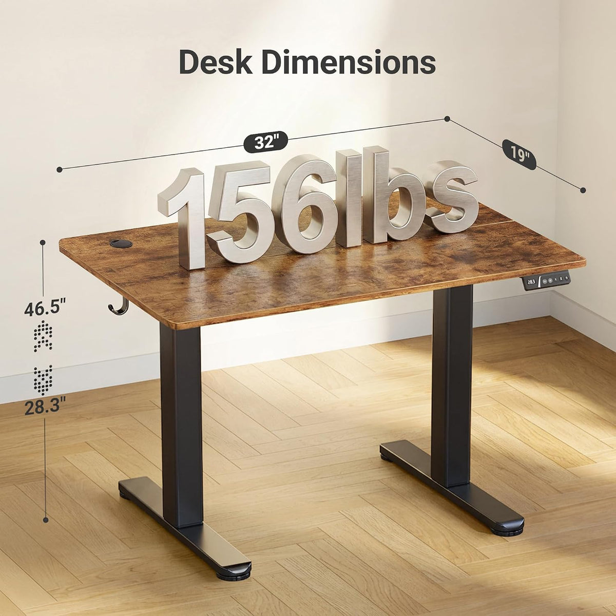 Claiks Electric Height Adjustable Stand Up Desk, 32x19 Inches Sit Stand Desk for Home Office, Rustic Brown Top/Black Frame