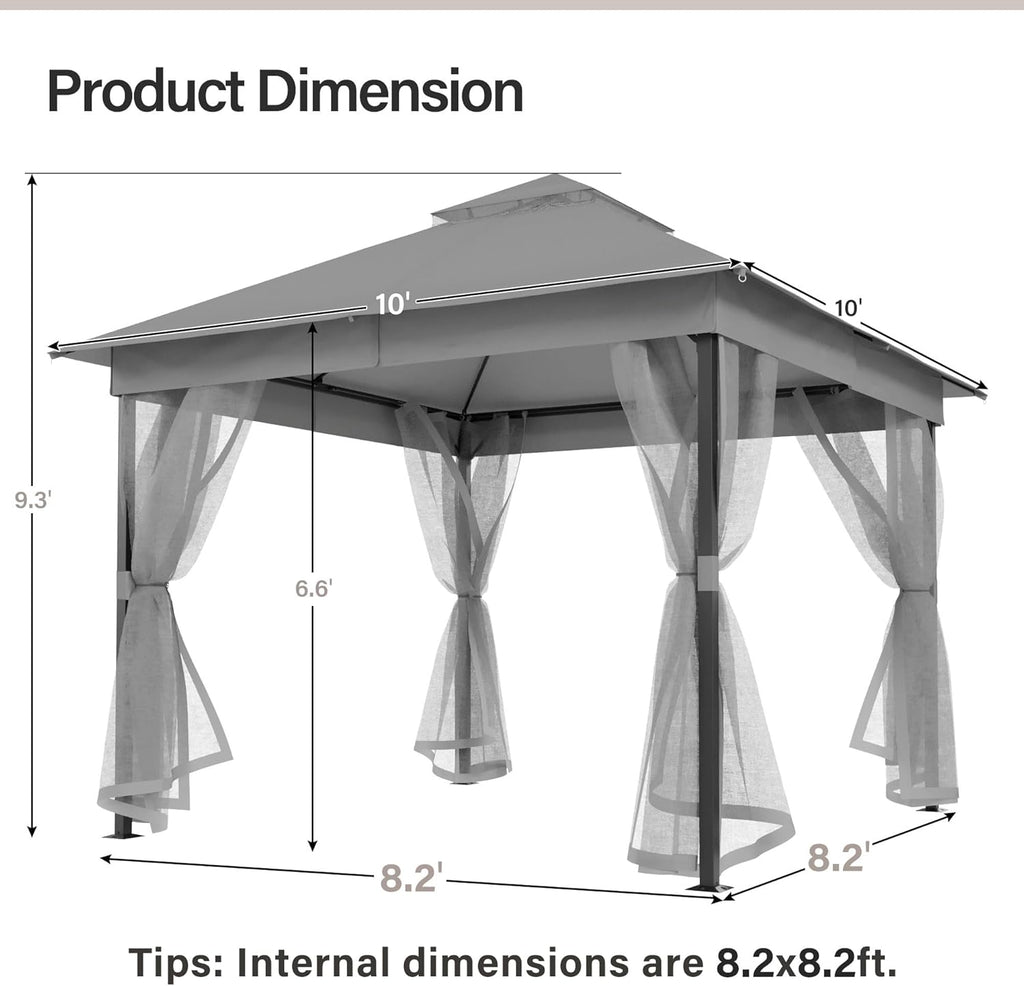 LAUSAINT HOME Patio Gazebo 10'x10', Outdoor Heavy Duty Party Tent Shelter with Double Roofs, Mosquito Nettings for Backyard, Garden, Lawn, Gray