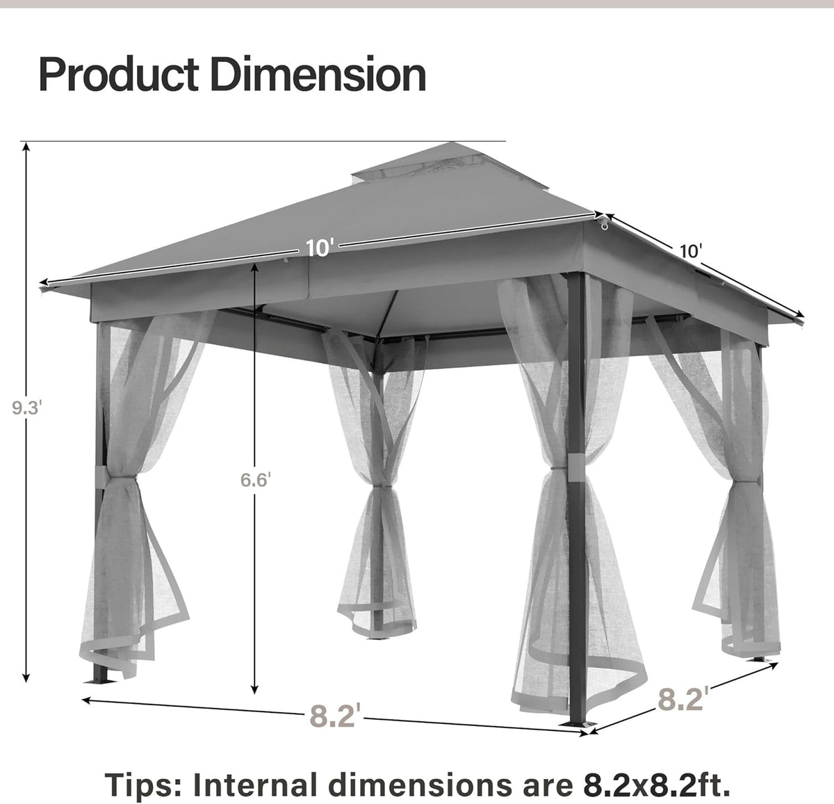 LAUSAINT HOME Patio Gazebo 10'x10', Outdoor Heavy Duty Party Tent Shelter with Double Roofs, Mosquito Nettings for Backyard, Garden, Lawn, Gray