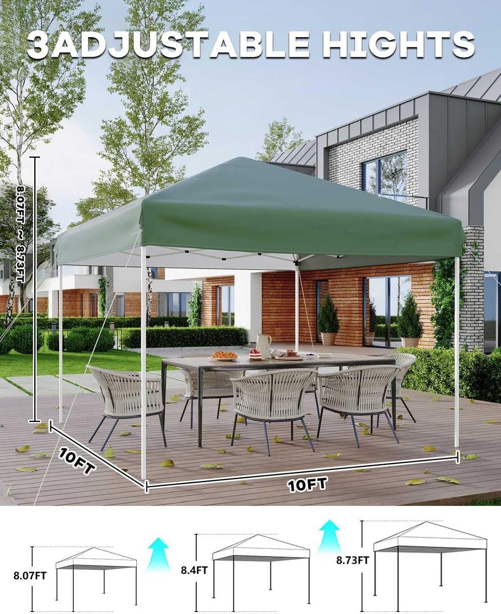 GarveeLife 10x10 Pop Up Canopy Tent, Outdoor Tent with 3 Adjustable Height, Easy Set Up Canopy with 4 Sandbags & Carrying Bag for Camping, Parties, Outdoor Events -Green