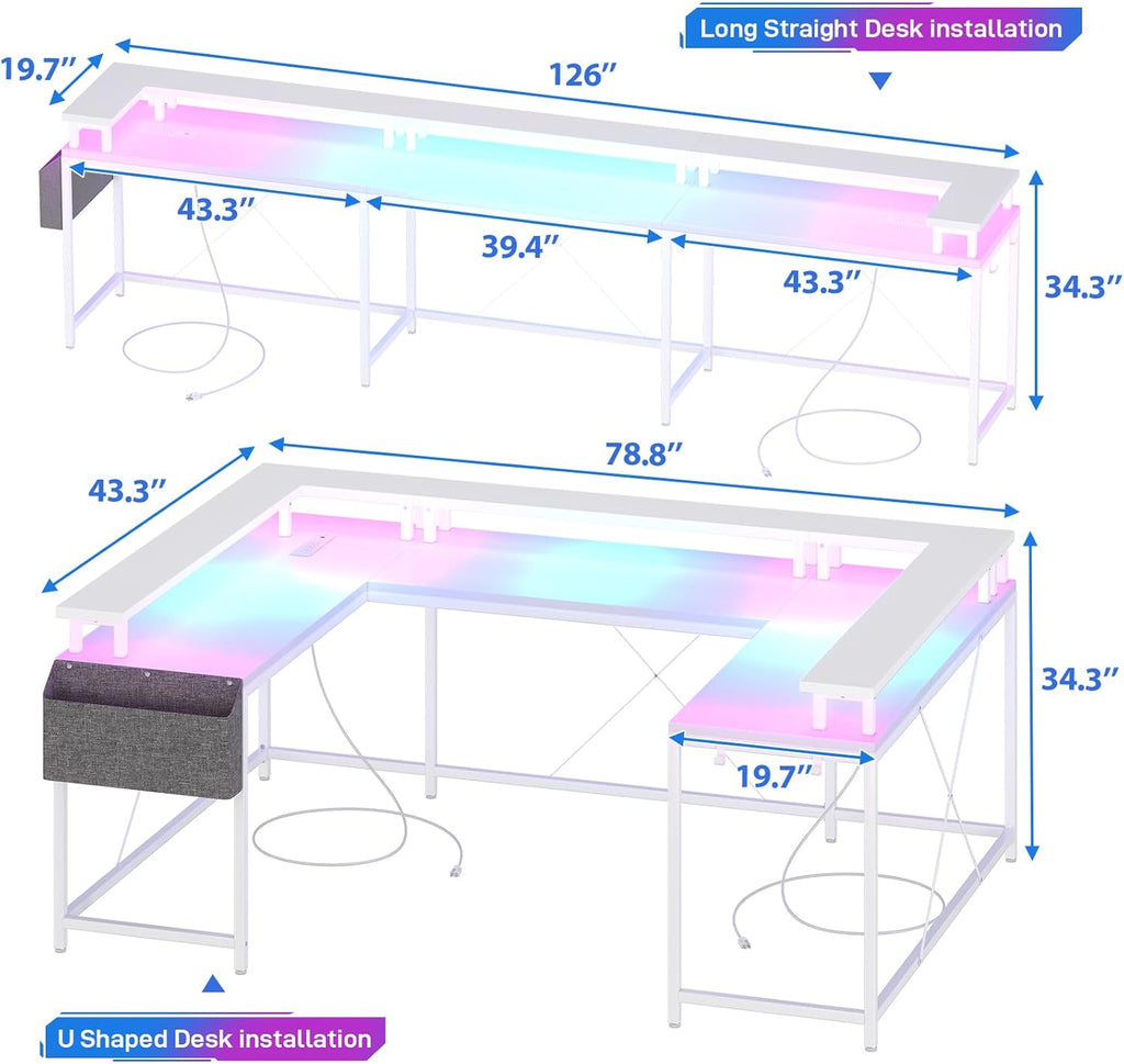 Jojoka U Shaped Computer Gaming Desk, Reversible L Shaped Desk with Power Outlets, LED Strip & Monitor Stand, Large Corner Desk with Storage Shelves for Home Office, White