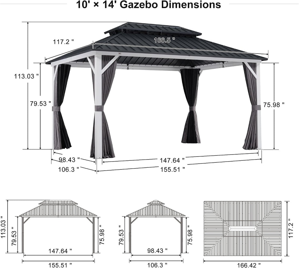 PURPLE LEAF 10' X 14' Hardtop Gazebo Metal Double Roof White Aluminum Frame Outdoor Heavy Duty Gazebo with Curtain and Netting for Patio Garden and Backyard, Grey