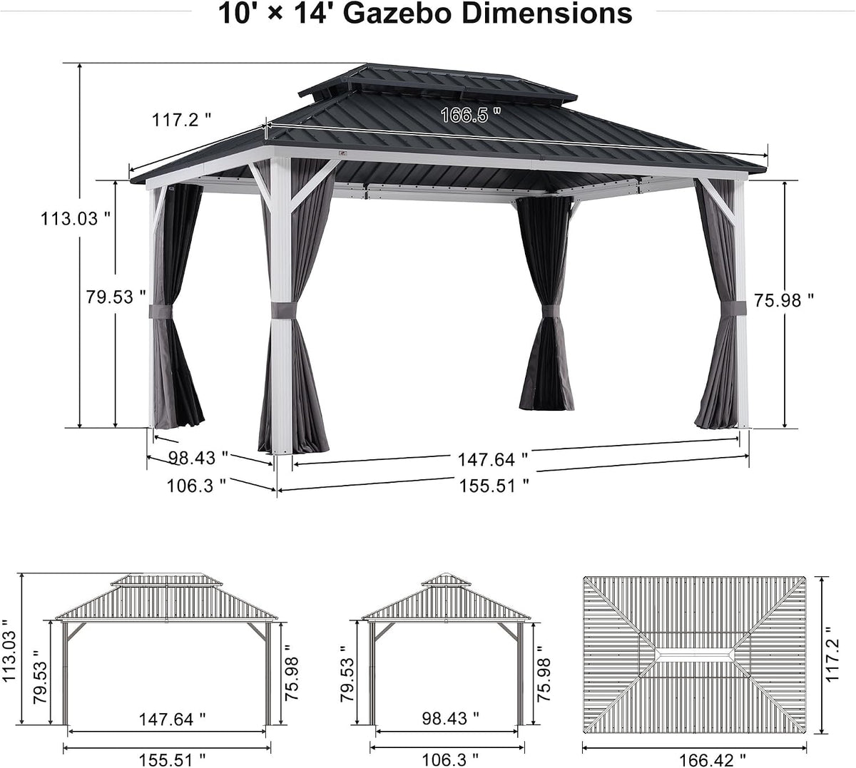 PURPLE LEAF 10' X 14' Hardtop Gazebo Metal Double Roof White Aluminum Frame Outdoor Heavy Duty Gazebo with Curtain and Netting for Patio Garden and Backyard, Grey