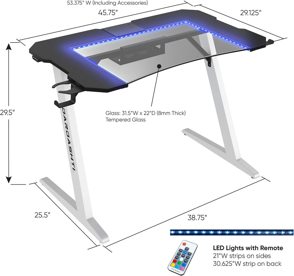 Dardashti Gaming Desk PC Computer Desk, Home Office Desk Gaming Table Z Shaped Gamer Workstation with Cup Holder and Headphone Hook, Z1-21, Arctic White