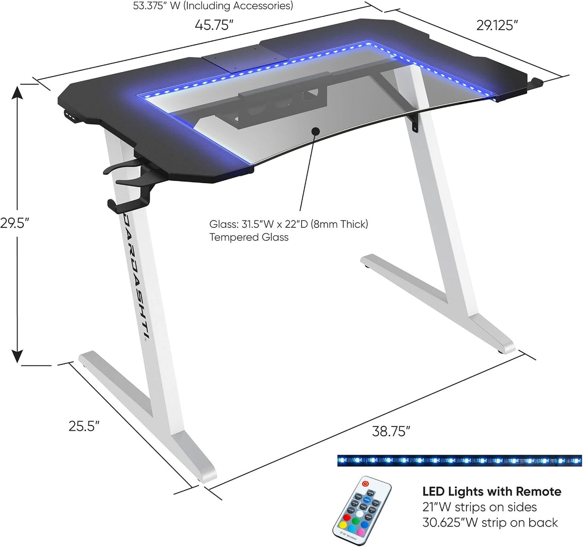 Dardashti Gaming Desk PC Computer Desk, Home Office Desk Gaming Table Z Shaped Gamer Workstation with Cup Holder and Headphone Hook, Z1-21, Arctic White
