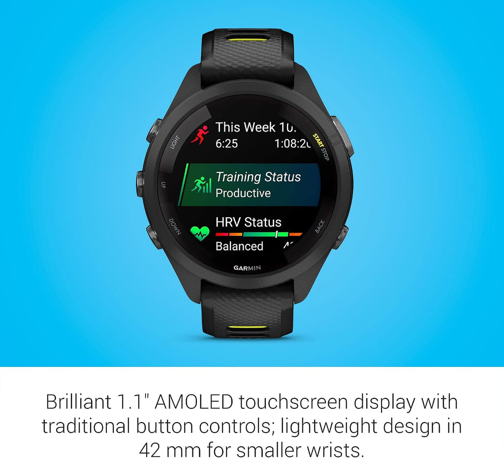 Garmin Forerunner 265S Running Smartwatch, Colorful AMOLED Display, Training Metrics and Recovery Insights, Black and Amp Yellow