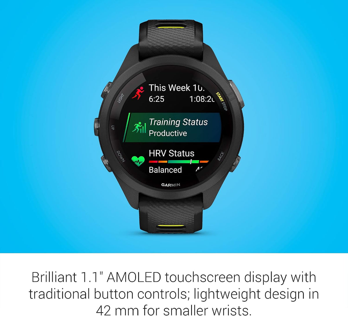 Garmin Forerunner 265S Running Smartwatch, Colorful AMOLED Display, Training Metrics and Recovery Insights, Black and Amp Yellow