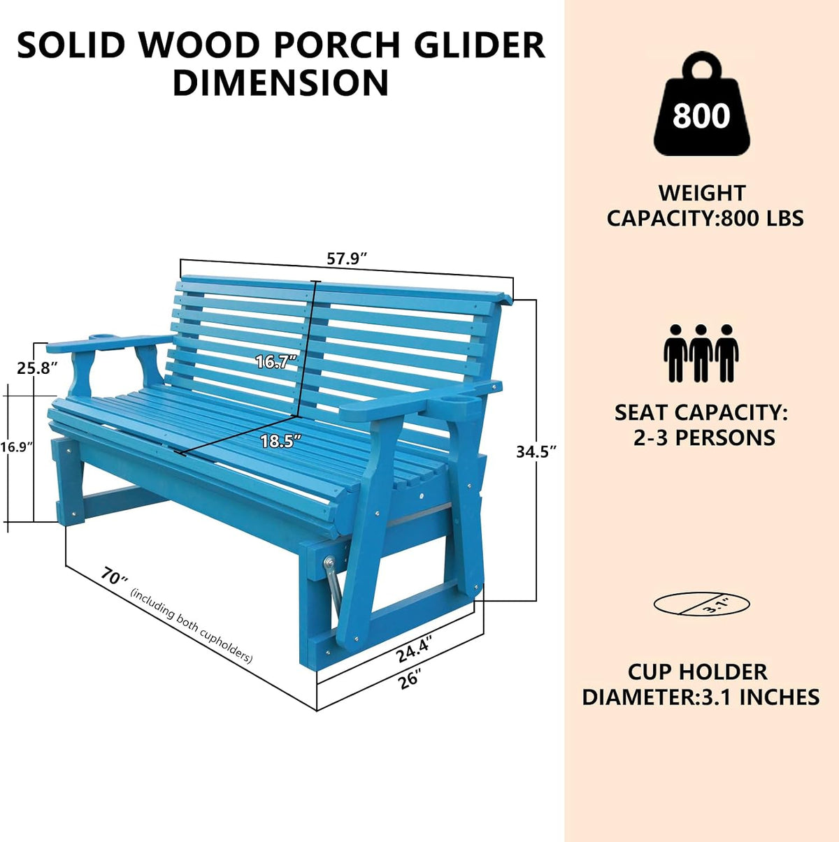 3-Seater Outdoor Glider Chair, 5FT Wood Porch Glider with High Roll Back, Cupholders and Deep Contoured for Porch, Garden, Blue
