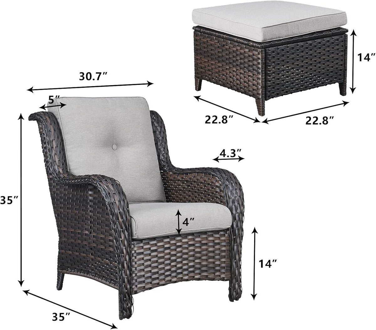 Rilyson Wicker Patio Furniture Set - 4 Piece Rattan Outdoor Sectional Conversation Sets with 2 Chairs and 2 Ottomans for Porch Deck Garden(Brown/Beige)