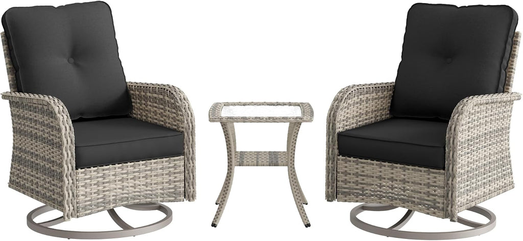 Patio Rocking Swivel Chair Outdoor Wicker Rattan Bistro Set with Tempered Glass Side Table, Outdoor Patio Furniture Set for Garden, Deck, and Balcony, Dark Grey