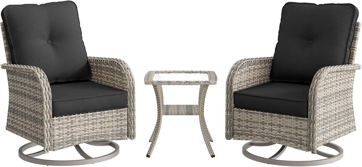 Patio Rocking Swivel Chair Outdoor Wicker Rattan Bistro Set with Tempered Glass Side Table, Outdoor Patio Furniture Set for Garden, Deck, and Balcony, Dark Grey