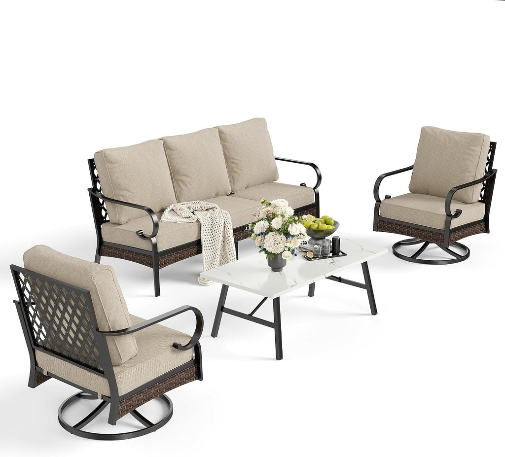 SUNSHINE VALLEY 4 PCS Metal Outdoor Patio Furniture Set, Patio Conversation Sets 1 3-Seater Sofa, 2 Swivel Chairs with 5.75' Extra Thick Cushion & Coffee Table, Black Frame Backyard Furniture, Beige