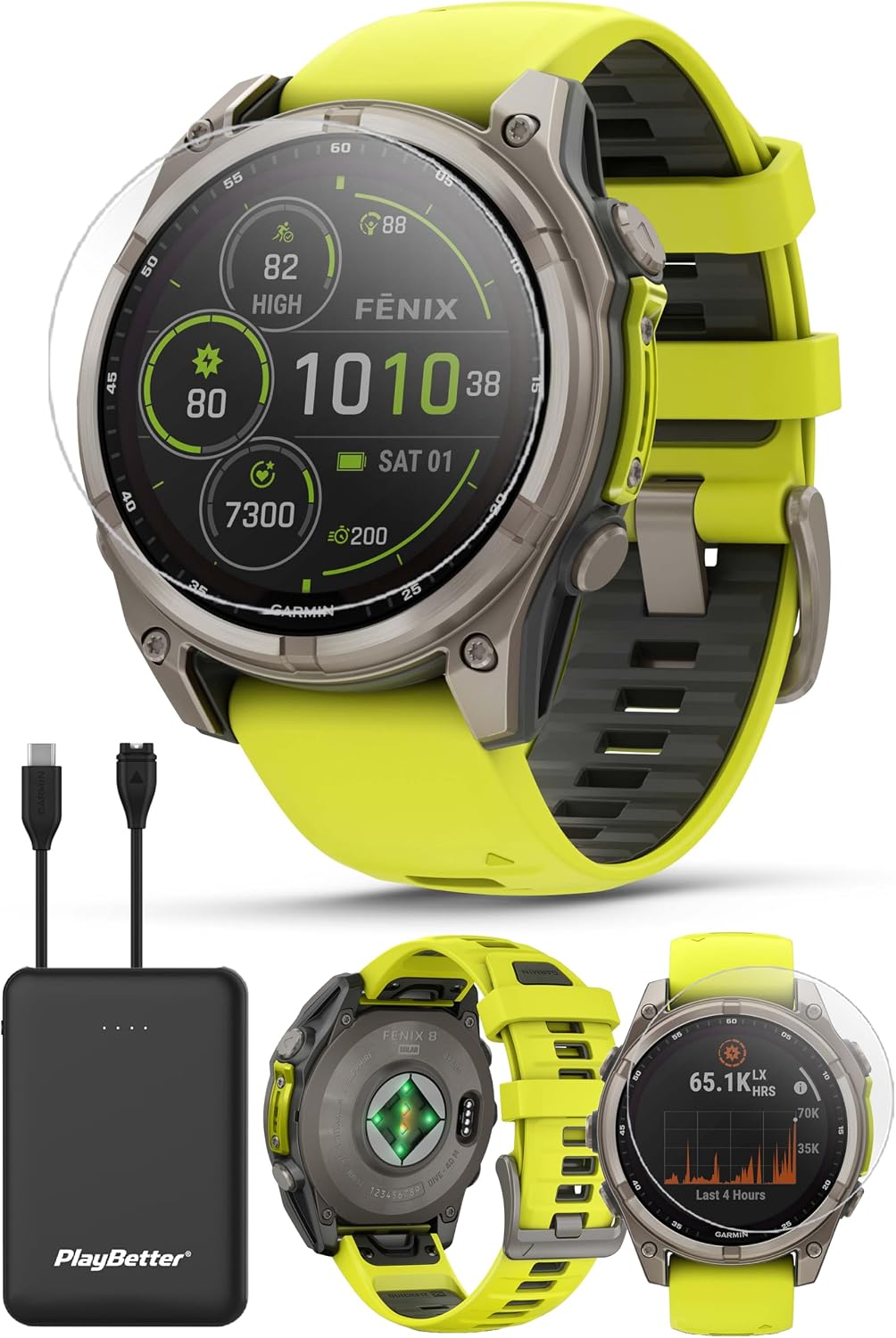 PlayBetter Garmin Fenix 8 Solar Sapphire (47mm, Titanium/Amp Yellow) Multisport GPS Smartwatch Bundle - 1.4' Touchscreen, Built-in LED Flashlight Portable Charger & Screen Protectors