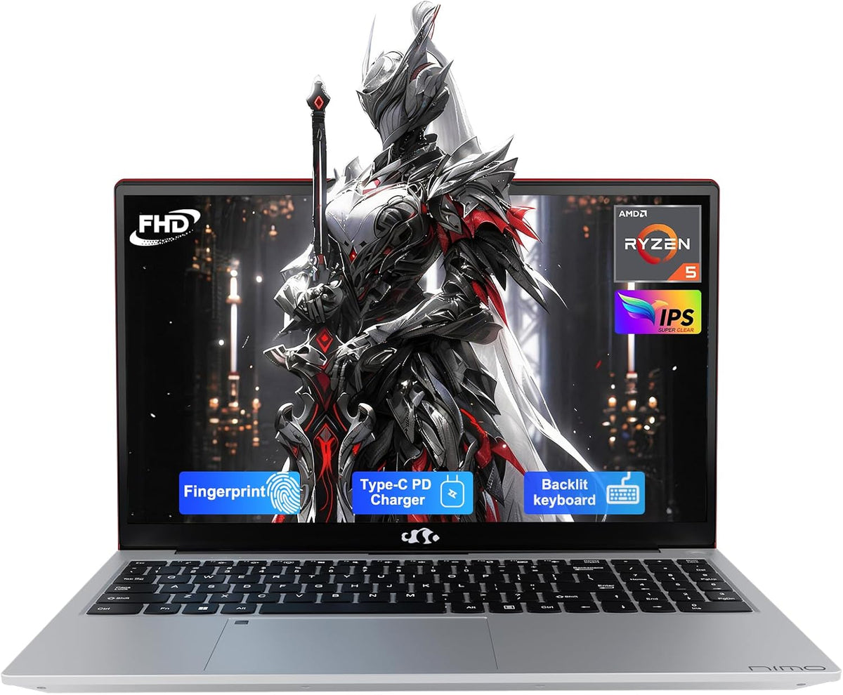 NIMO 15.6' Laptop: Power & Reliability for Student & Office, AMD Ryzen 5 (Up to 3.7GHz), 16GB RAM 256GB SSD, Fast 65W Type-C Charging, Fingerprint, Backlit KB, 2-Year Warranty for Peace of Mind
