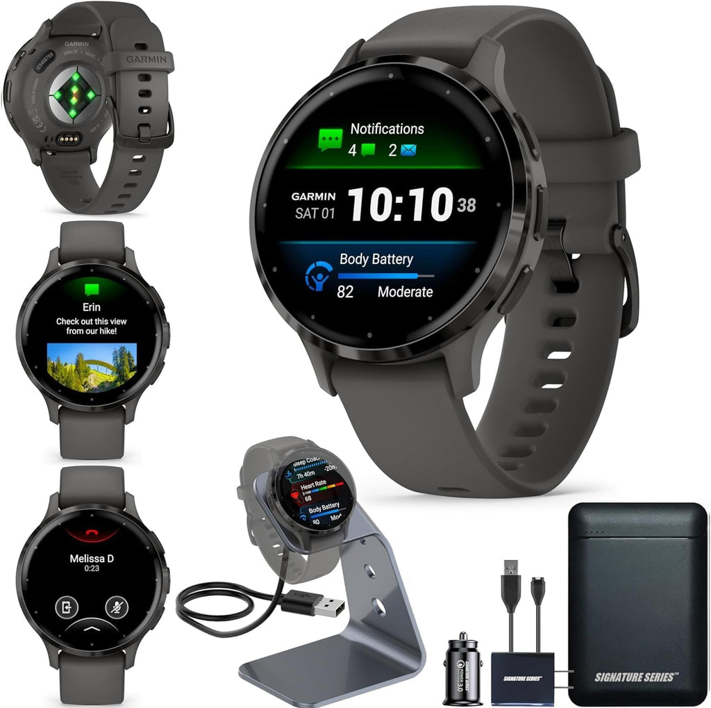 Garmin Venu 3S Running GPS Smartwatch with AMOLED Display, Advanced Health, Fitness Features, Up to 14 Day Battery Life with Signature Power Bundle | Slate with Pebble Gray Silicone Band