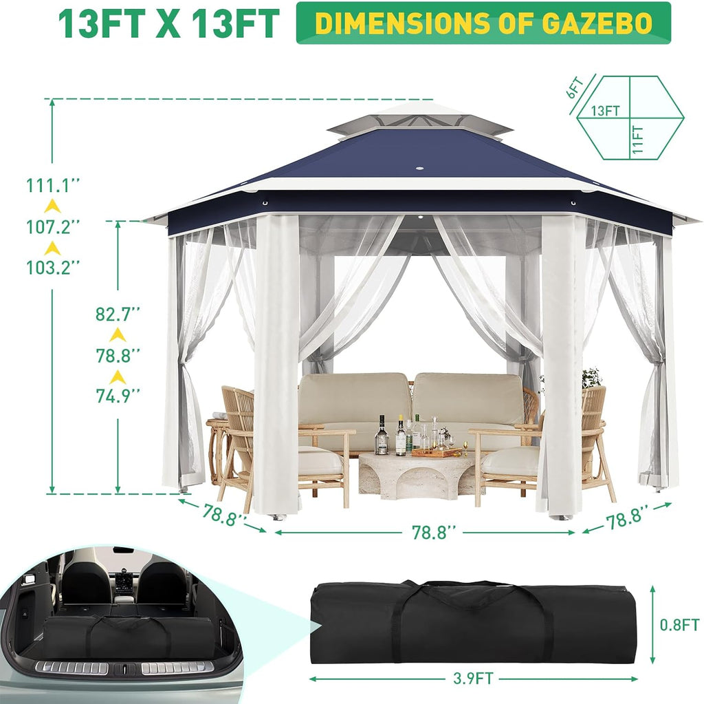 13' x 13' Pop-Up Gazebo, Hexagonal Canopy Shelter with 6 Zippered Mesh Netting, Event Tent with Strong Steel Frame for Backyard, Garden, Lawn, Blue and Beige