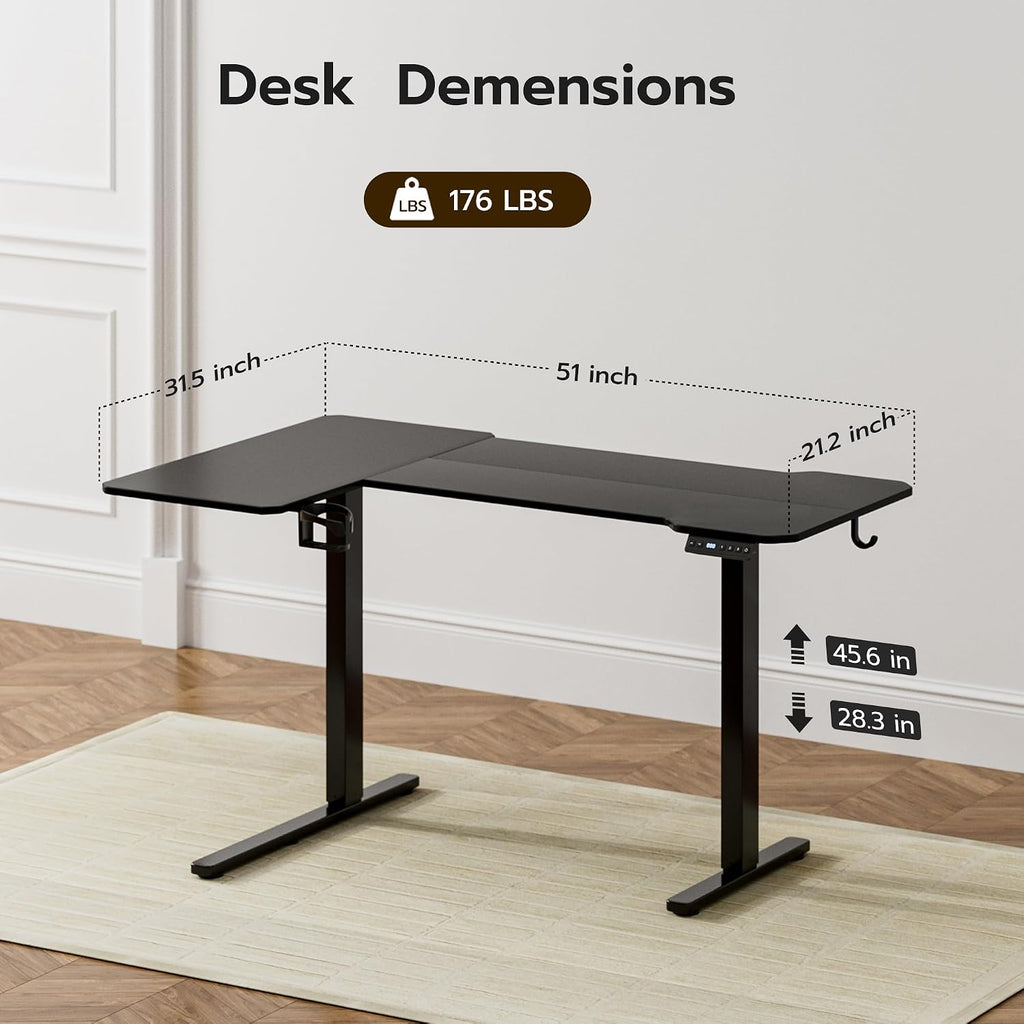 Acrolix 51' Reversiable L-Shaped Electric Standing Desk Adjustable Height Gaming Stand Up Corner Desk Sit Stand Home Office Computer Desk with Splice Board,Black Top