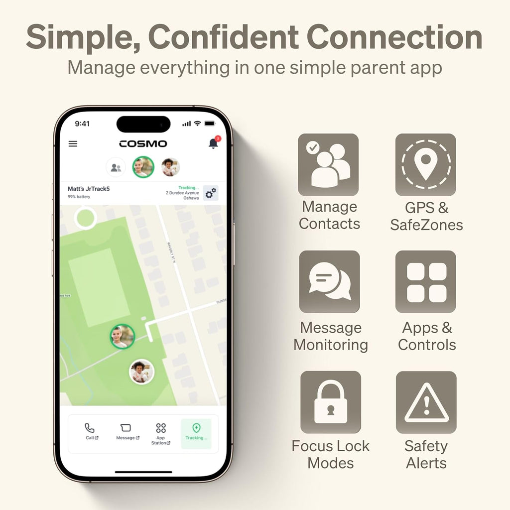 JrTrack 5 Kids Smart Watch by Cosmo | Best Kid-Safe Phone Watch | Precision Real-Time GPS Tracking | Call, Text, Activity, School Settings | Spotify Music | Parental Controls | SOS & Safety Alerts