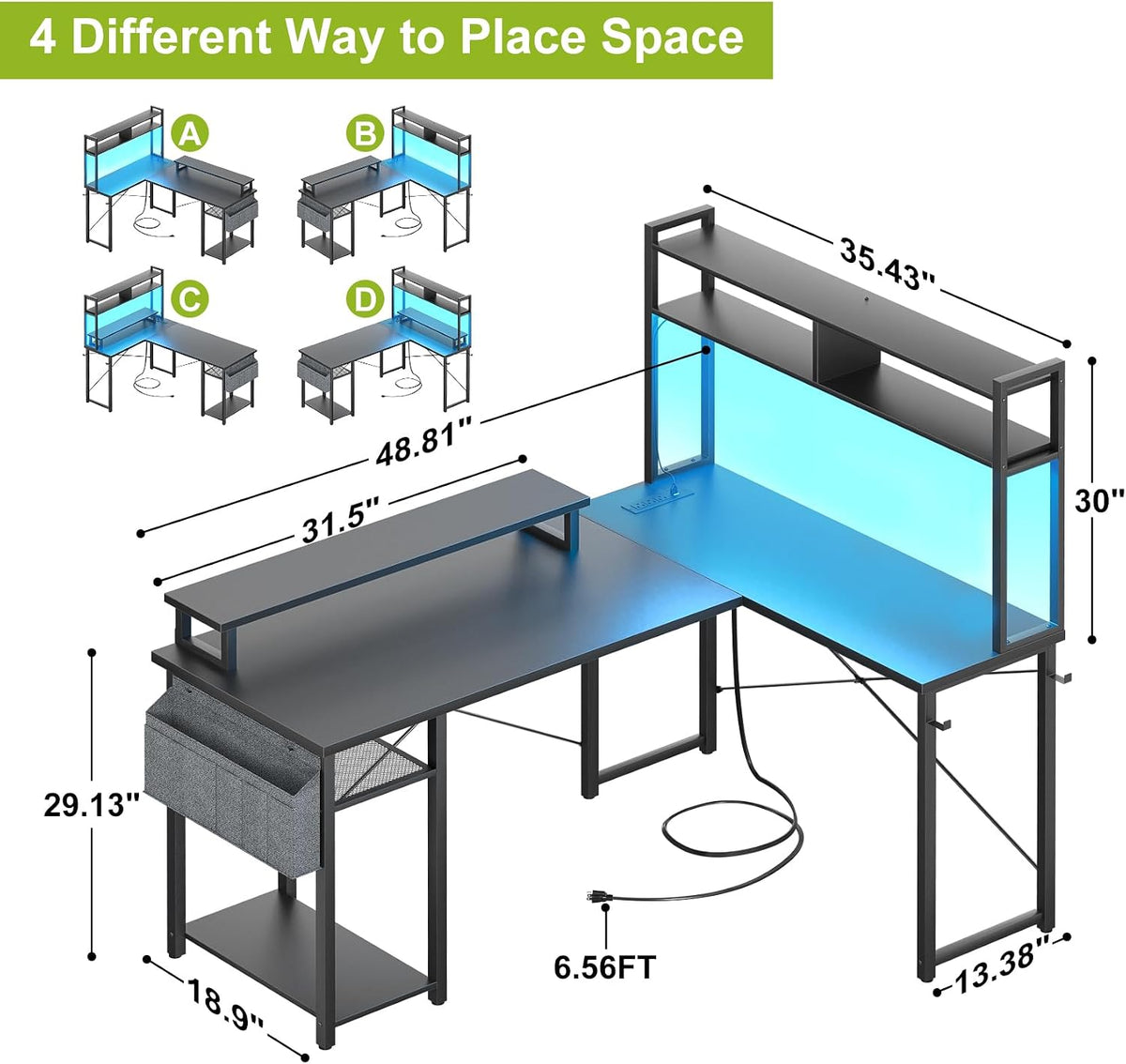 Besiost Small L Shaped Desk Gaming Desk with Power Outlets, 48' Reversible L Shaped Computer Desk with Monitor Stand & Storage Shelf, Corner Gamer Desk Home Office Desk with Storage Bag, Black