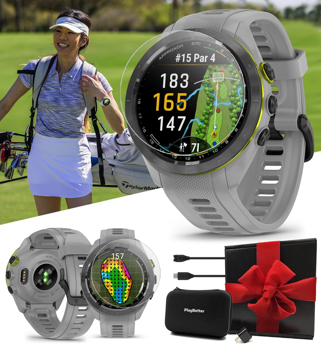 Garmin Approach S70 (Gray, 42mm) Golf GPS Watch - AMOLED Display, Virtual Caddie & Playslike Distance - Gift Box Bundle with PlayBetter Screen Protectors, Wall Adapter & Hard Case