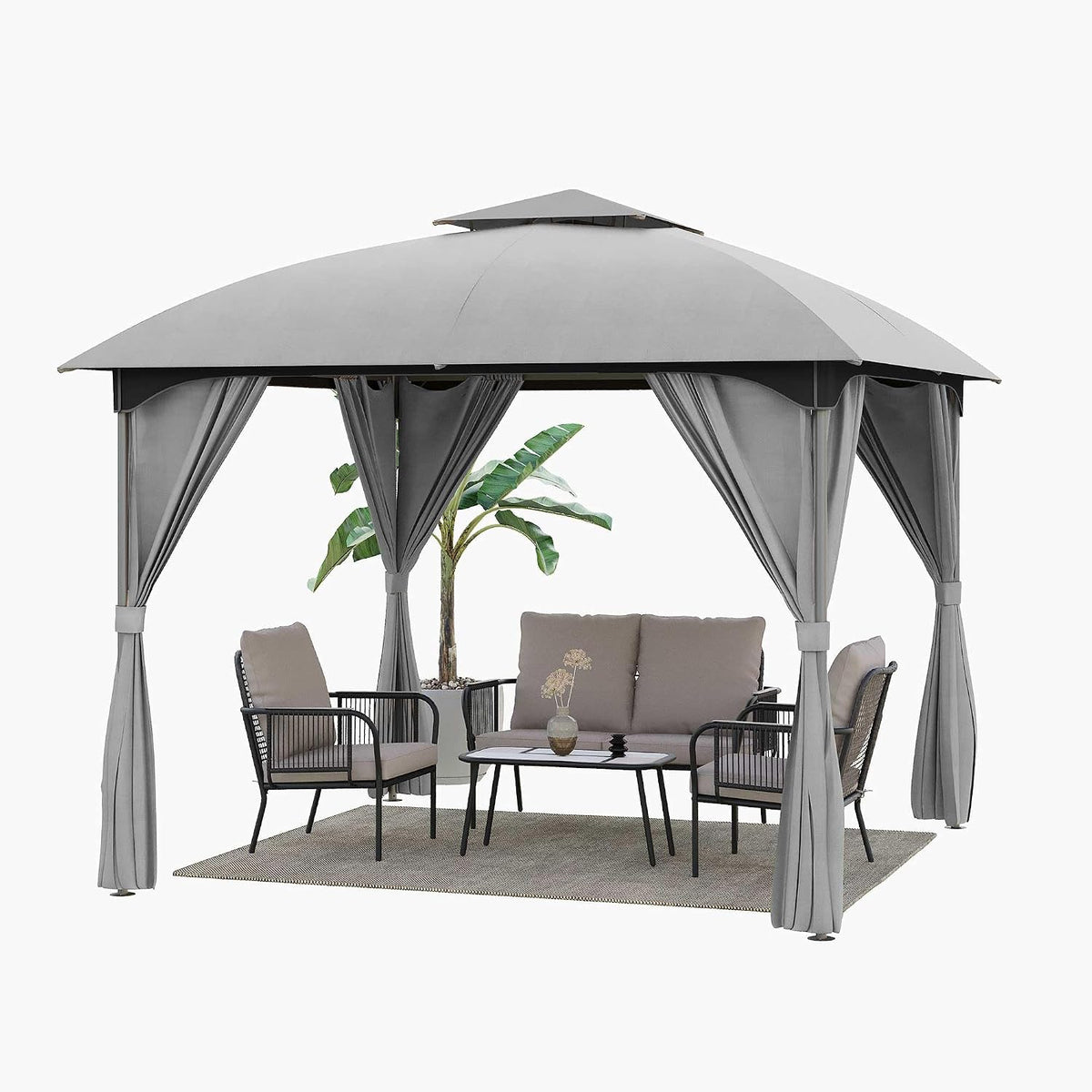 LAUSAINT HOME 10'x10' Patio Arc Gazebo, Outdoor Canopy Tent with Curved Roof Design, Double Tier Top, Privacy Curtains & Wind-Resistant Ropes, Backyard Garden Lawn, Gray