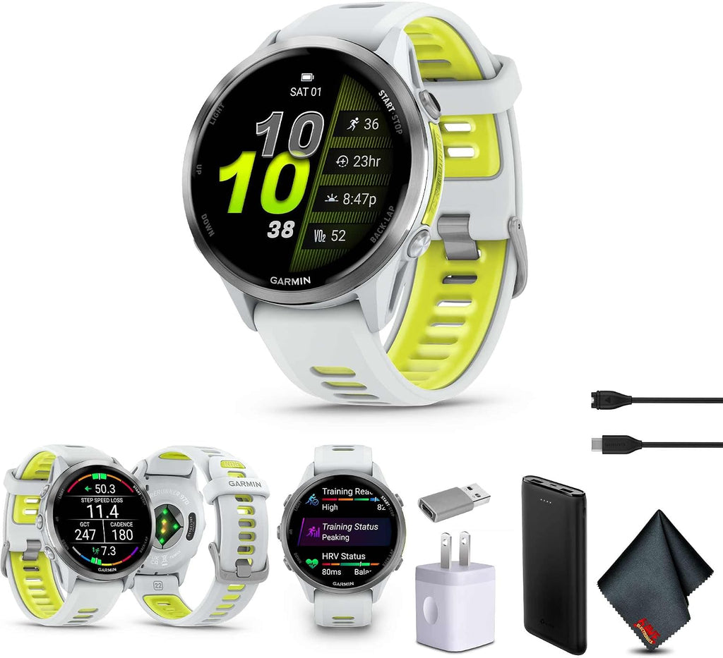 Garmin Forerunner 970 Running Smartwatch, GPS Fitness Smart Watch for Men and Women, Titanium with Whitestone Case and Whitestone/Translucent Amp Yellow Band Bundle with P-Bank + More