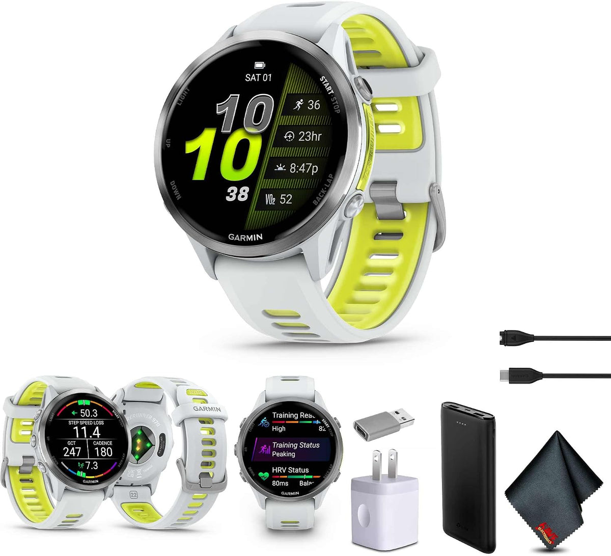 Garmin Forerunner 970 Running Smartwatch, GPS Fitness Smart Watch for Men and Women, Titanium with Whitestone Case and Whitestone/Translucent Amp Yellow Band Bundle with P-Bank + More