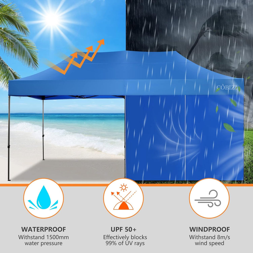 COBIZI 10x20 Heavy Duty Pop Up Canopy Tent with 6 Sidewalls Thicken Frame, Commercial Easy Up Outdoor Wedding Party Tents, All Season Waterproof Windproof with Stakes Sandbags Ropes Roller Bag, Blue