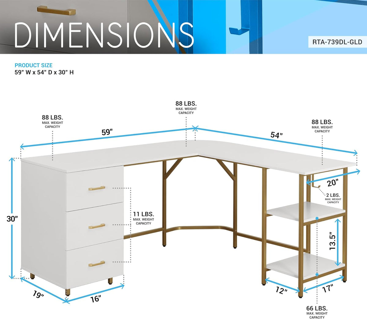 Techni Mobili L Shaped Desk - Two-Toned Computer Desk with Drawers & Storage Shelves - Simple Modern Furniture & Home Office Space Corner Table for Work & Writing