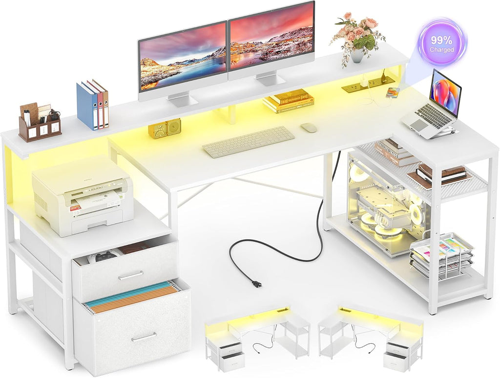 Aheaplus L Shaped Desk with File Drawer, Reversible L Shaped Computer Desk Gaming Desk with Power Outlet & LED Strip, Home Office Desk with Monitor Shelf, Corner Desk with Storage Shelves, White