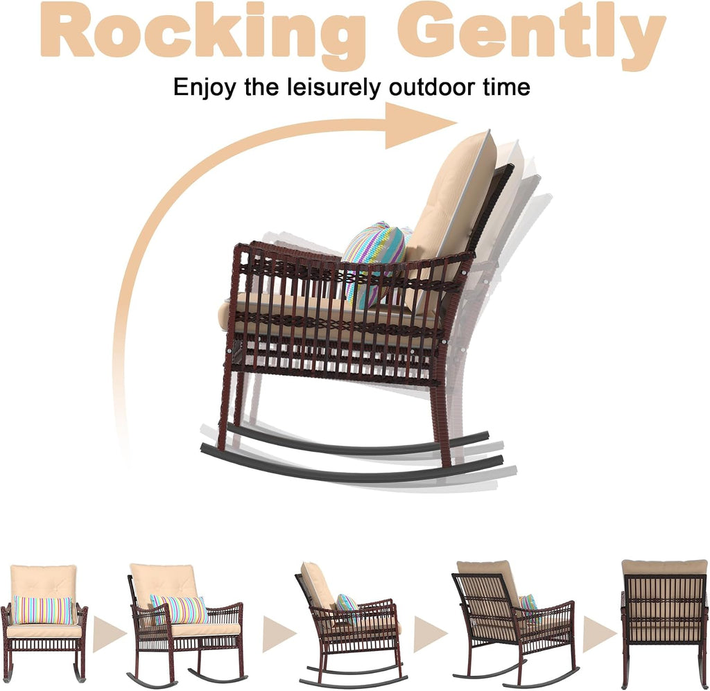 DECMICO 3 Pieces Patio Furniture Set, Wicker Rocking Chairs Bistro Set with Coffee Table, Outdoor Conversation Set for Garden and Balcony (Brown Rattan Beige Cushion)