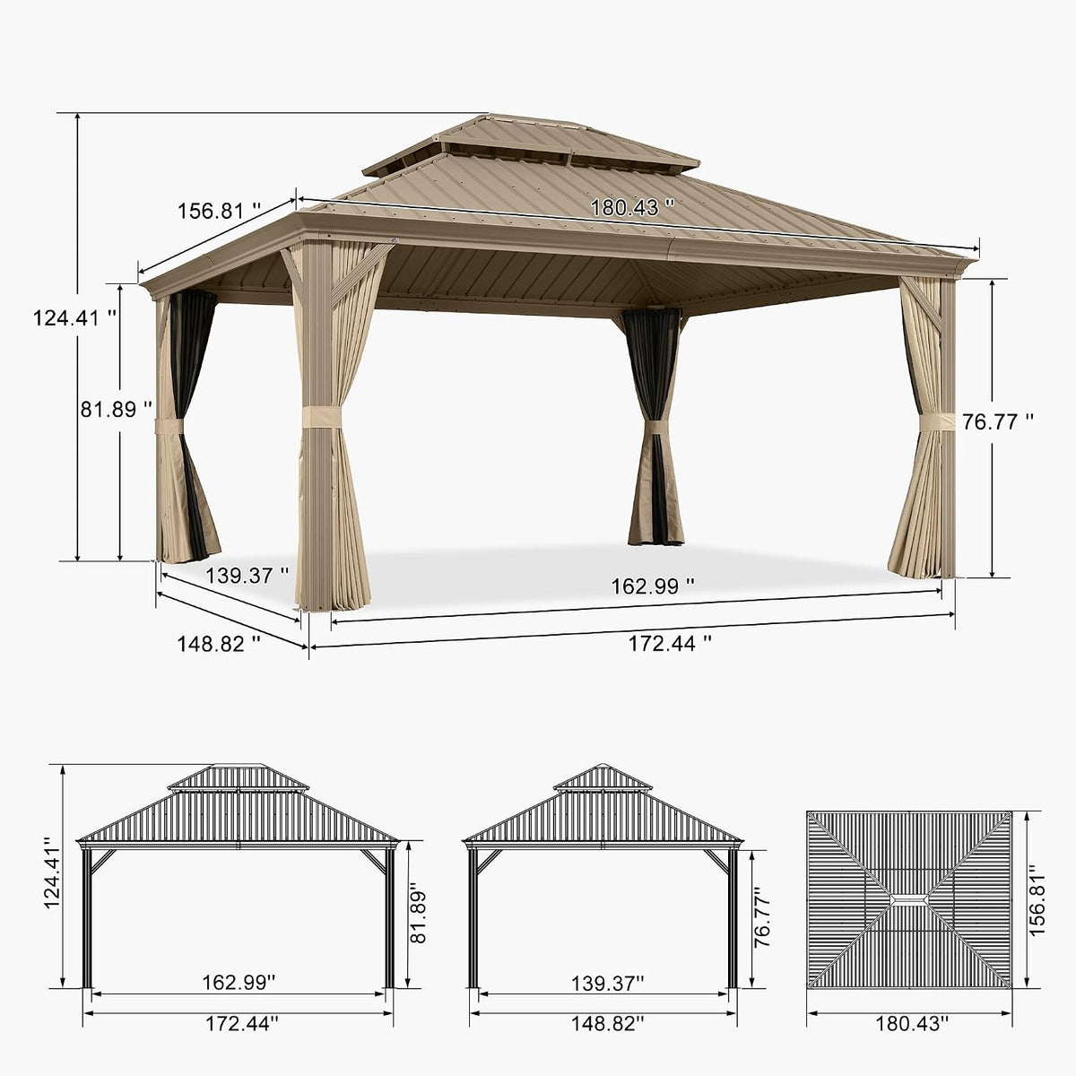 PURPLE LEAF Outdoor Gazebo 13'X15'，Champagne Hardtop Gazebo with Galvanized Steel Double Roof, Permanent Patio Gazebo with Curtains and Netting for Patio Lawn Garden and Deck