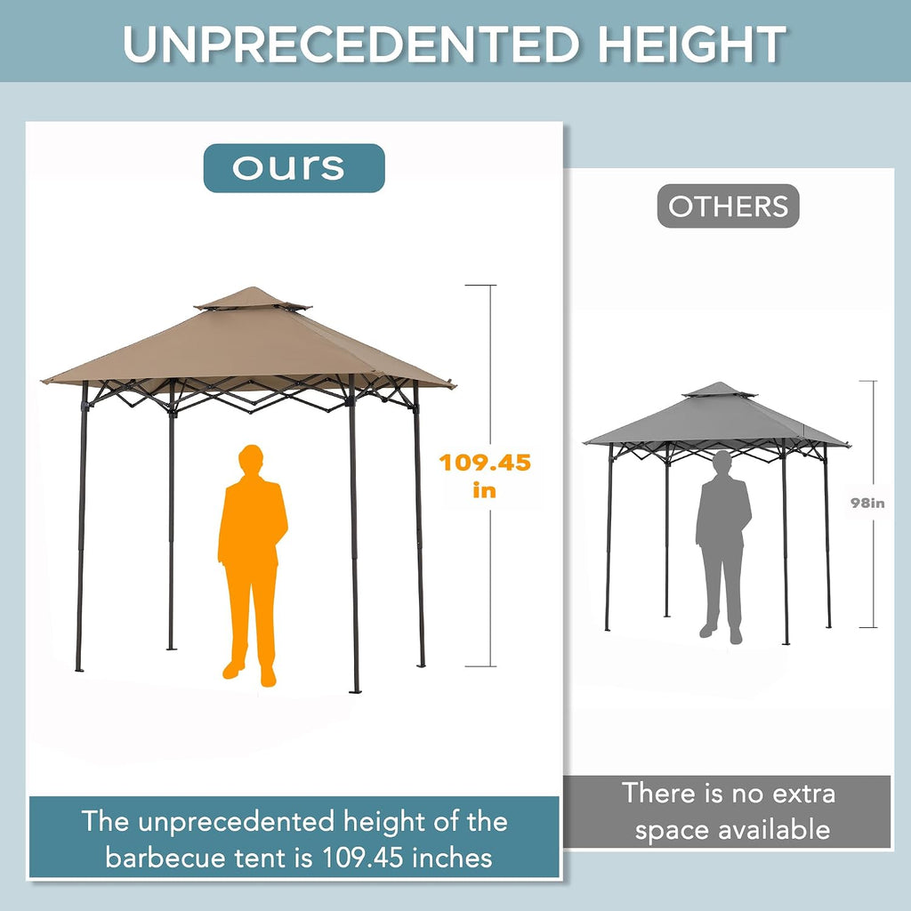 SUNJOY 8 x 5 ft. Grill Gazebo Pop Up Double Tiered Outdoor Gazebo Standing-Height Canopy with Magnetic LED Light, Adjustable Ceiling Height, for BBQ,Picnics, Outdoor Events, Brown