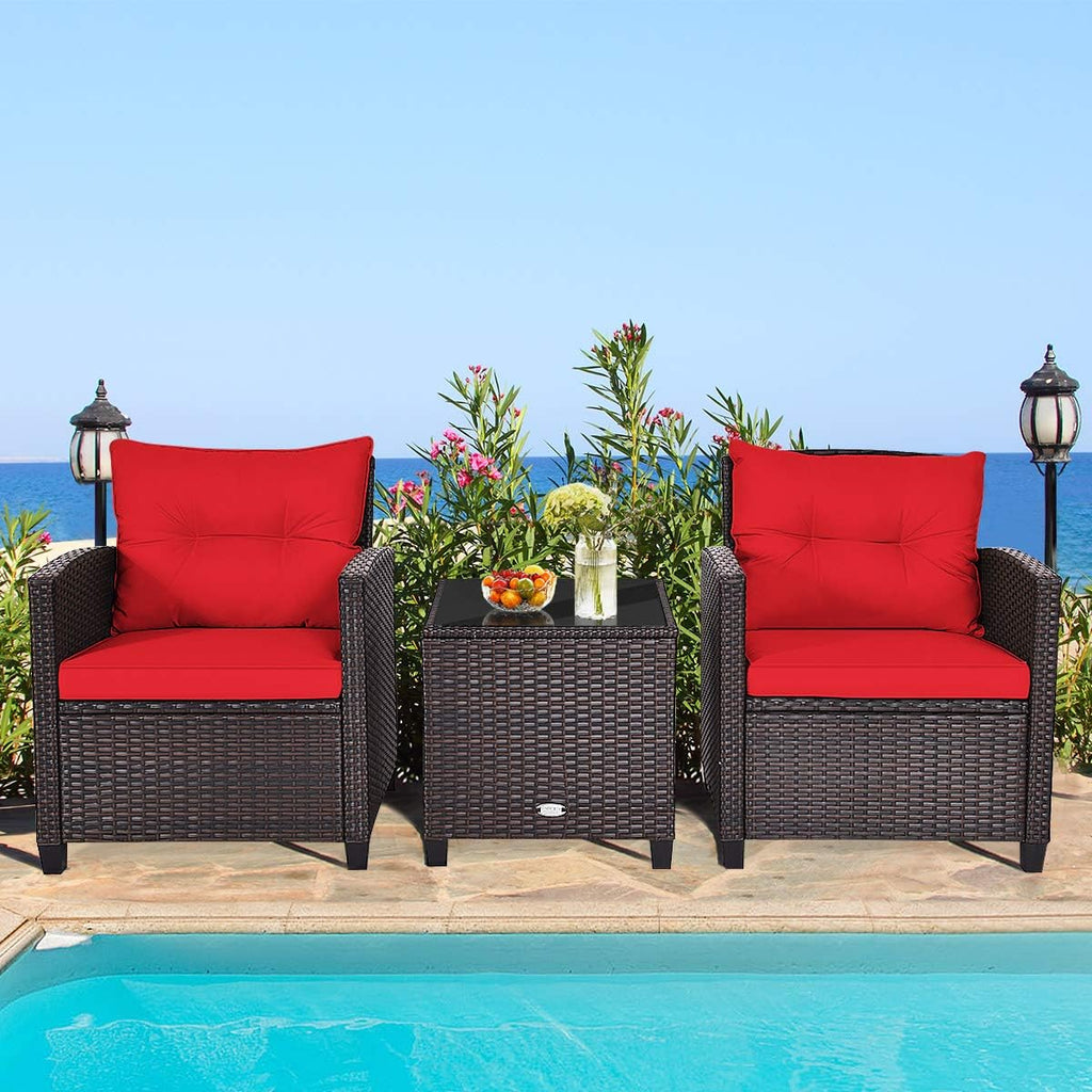 HAPPYGRILL 3 Pieces Patio Conversation Set, Outdoor Furniture Set PE Rattan Sofa Set with Removable Cushions, PE Wicker Chairs with Tempered Glass Side Table for Porch Lawn Garden Balcony Backyard