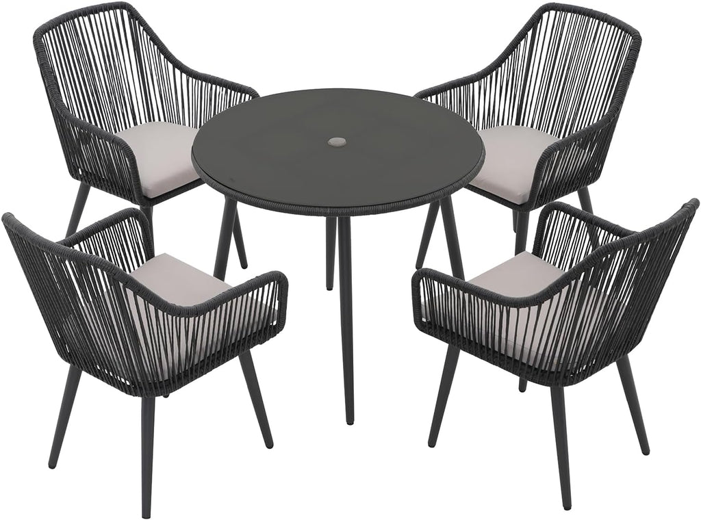 Patiorama 5-Piece Patio Dining Set,Outdoor Dining Table Chair Set,All-Weather Twisted Rattan Wicker Rope Conversation Set,Patio Furniture Set w/Umbrella Hole,4 Cushioned Chairs&Glass Table(Dark Black)
