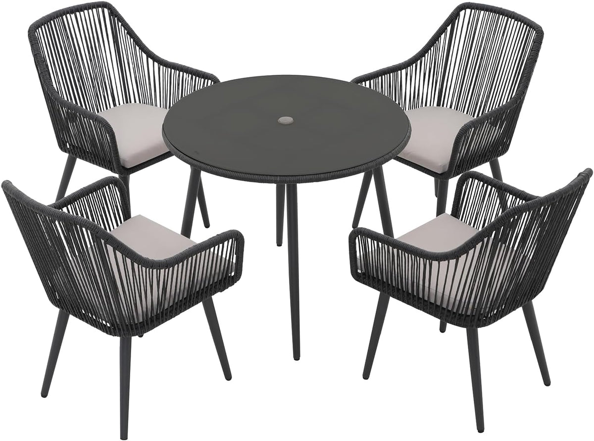 Patiorama 5-Piece Patio Dining Set,Outdoor Dining Table Chair Set,All-Weather Twisted Rattan Wicker Rope Conversation Set,Patio Furniture Set w/Umbrella Hole,4 Cushioned Chairs&Glass Table(Dark Black)