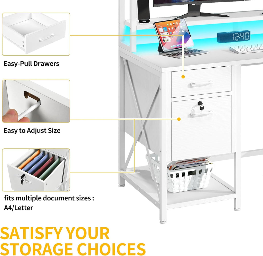 DWVO Computer Desk with Drawers & Hutch, 59.1' Office Desk with Power Outlets & LED Lights, Home Office Desk with Storage Shelves, White