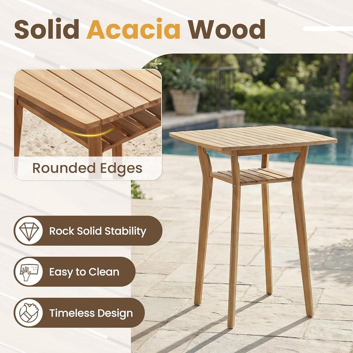Outdoor Bar Table, Solid Acacia Wood Patio Bar Table, 39.5' High Top Pub Table for Patio, Counter Height Bistro Table for Balcony/Backyard/Deck, Natural