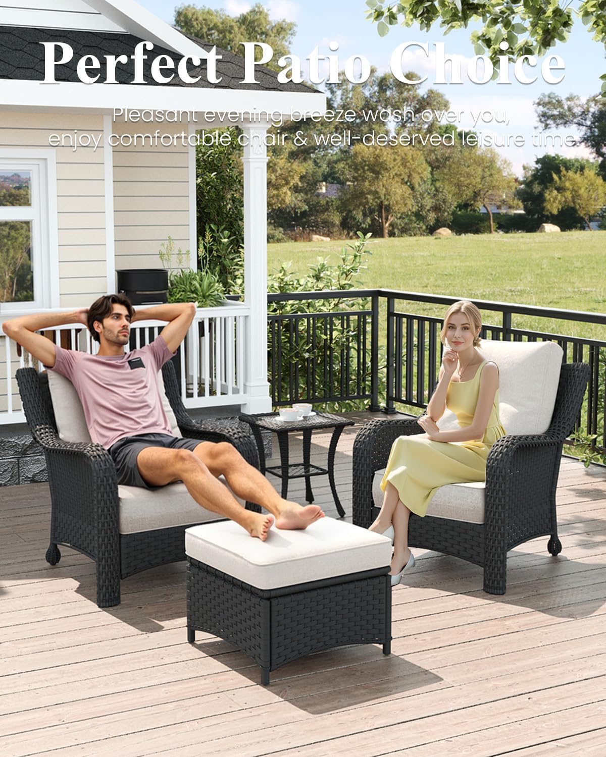 LayinSun 3 Piece Wicker Outdoor Furniture Set with 6-inch Comfy Cushions, High Back Patio Furniture Set with Rattan Armchairs and Side Table