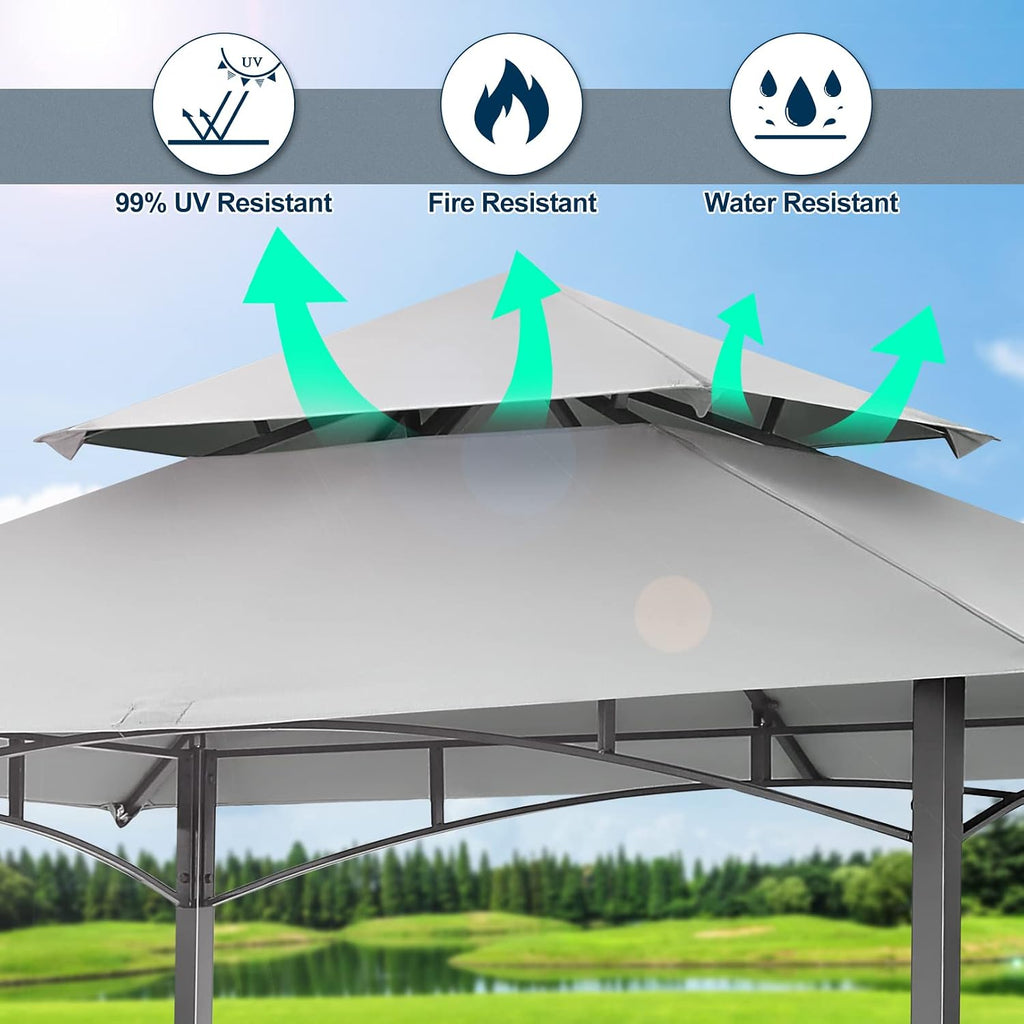COBIZI 8x5 Grill Gazebo, BBQ Gazebo Shelter, Outdoor Canopy with LED Lights and Two Bar Counters, Double Tiered for Gray