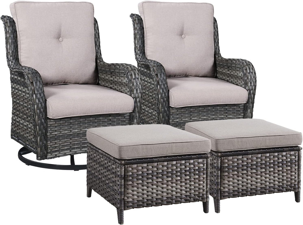 Rilyson Wicker Patio Furniture Set - 4 Piece Rattan Outdoor Sectional Conversation Sets with 2 Swivel Rocking Chairs,2 Ottomans for Porch Deck Garden(Mixed Grey/Grey)