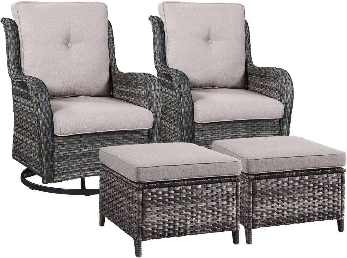 Rilyson Wicker Patio Furniture Set - 4 Piece Rattan Outdoor Sectional Conversation Sets with 2 Swivel Rocking Chairs,2 Ottomans for Porch Deck Garden(Mixed Grey/Grey)