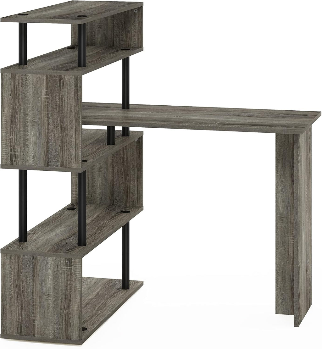 Furinno Classic L Shape Computer Desk, Gaming Desk, Office Desk with 5-Tier Shelves, 40' Wide, for Home Office, Study, Gaming, Grey Oak