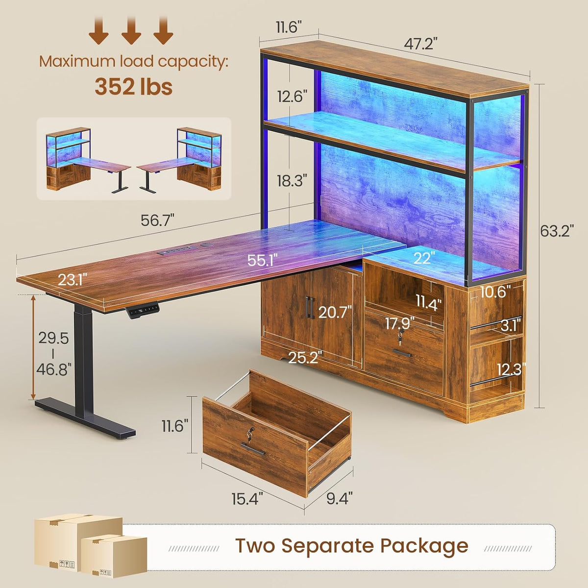 SEDETA 56.7' L Shaped Standing Desk, Reversible Computer Office Desk with Drawers & Hutch, Stand Up Corner Gaming Desks with LED Lights & Power Outlets for Home Office, Rustic Brown