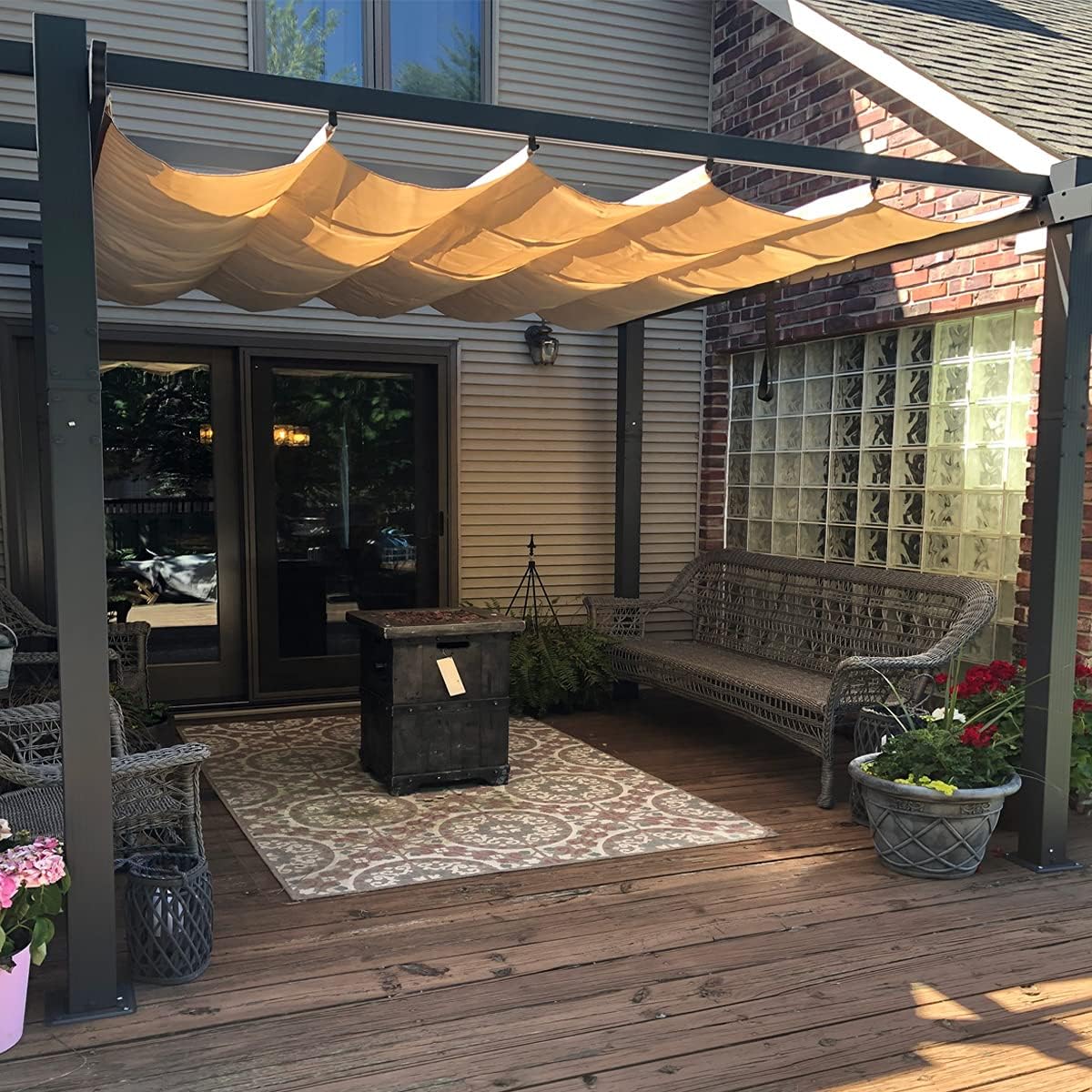 PURPLE LEAF 10' X 12' Outdoor Retractable Pergola with Sun Shade Canopy Patio Metal Shelter for Garden Porch Beach Pavilion Grill Gazebo Modern Yard Grape Trellis Pergola, Beige