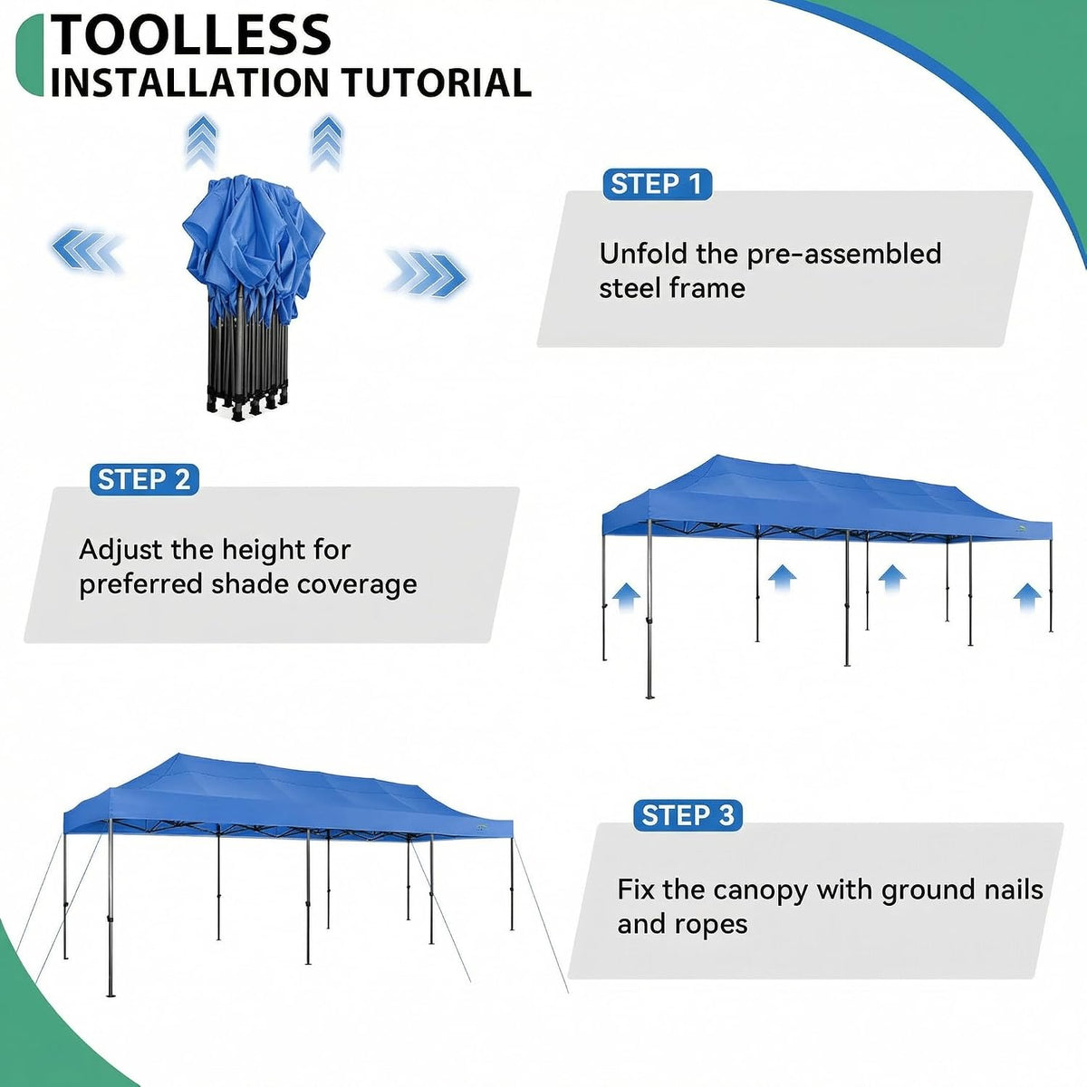 COBIZI 10x30 Heavy Duty Pop Up Canopy Tent with 8 Sidewalls Thicken Frame, Commercial Easy Up Outdoor Wedding Party Tents, All Season Waterproof Windproof with Stakes Sandbags Ropes Roller Bag, Blue