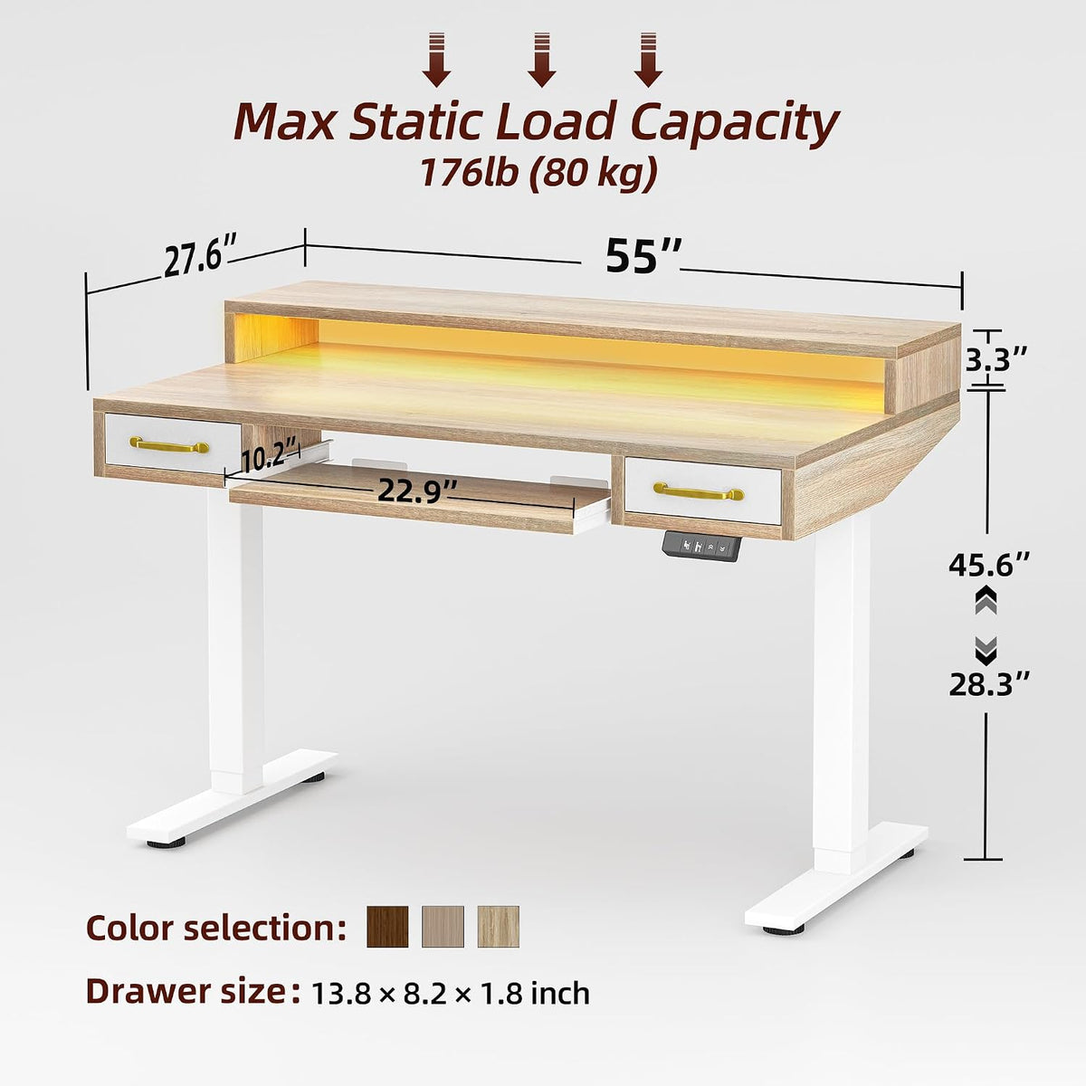 TIQLAB Standing Desk with Two Drawers, Stand Up Standing Desk Adjustable Height, Electric Sit Stand Table with Storage Shelf and Splice Board, with LED Light, 55 * 28 inch, Maple
