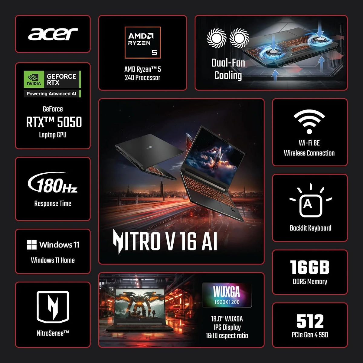 acer Nitro V 16 AI WUXGA (1920 x 1200) IPS 180Hz Gaming Laptop AI PC, AMD Ryzen 5 240 Processor, NVIDIA GeForce RTX 5050 8GB GDDR7 VRAM, 16GB RAM, 512GB SSD, (16', R5, RTX5050)