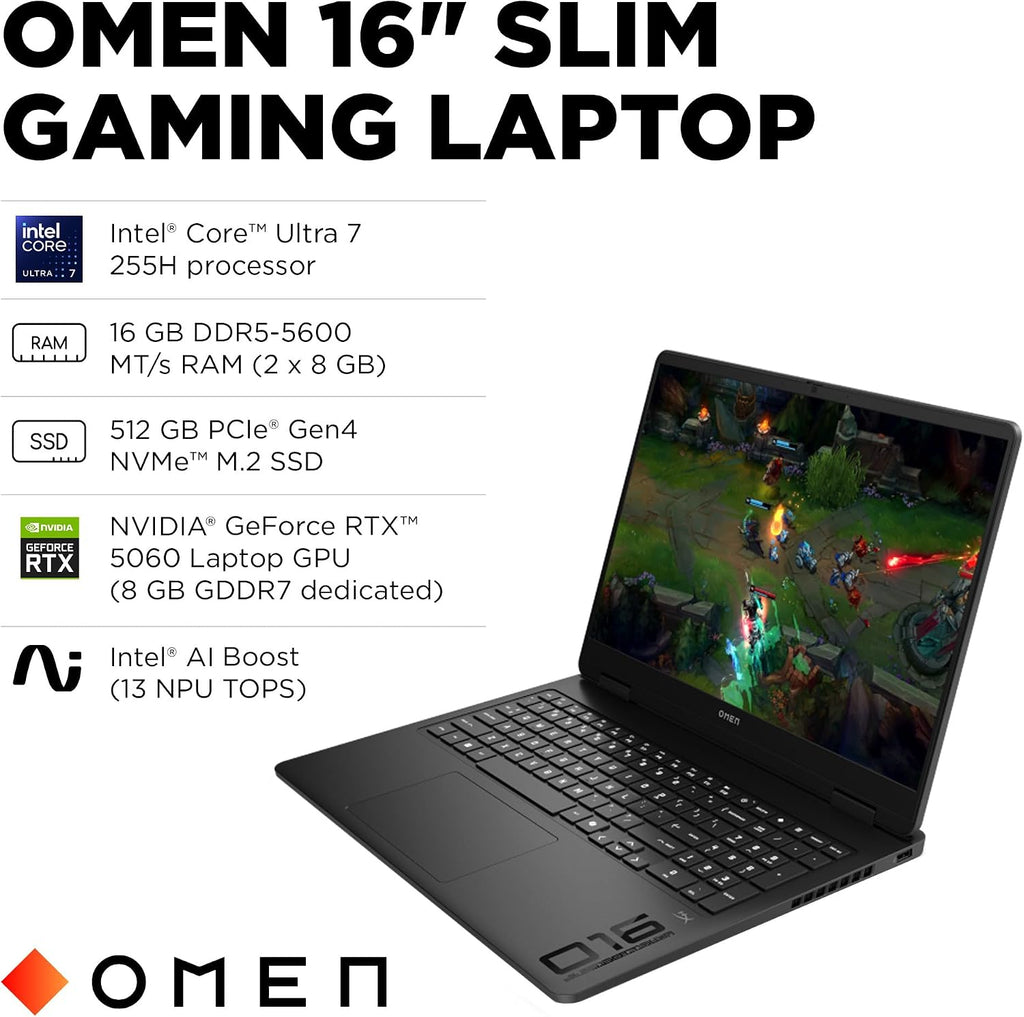 HP OMEN 16 inch Slim Gaming Laptop, 2K 165Hz Display, Intel Core Ultra 7-255H, 16 GB RAM, 512 GB SSD, NVIDIA GeForce RTX 5060 GPU (8 GB Dedicated), Windows 11 Home, Shadow Black, 16-an0000nr